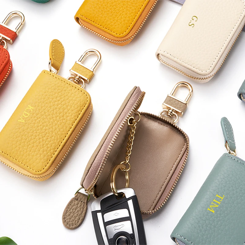 Real Leather Custom Initial Man Key Wallet Zip Portable Key Chain Bag Engrave Logo Fashion Business Key Ring Woman Coin Purse