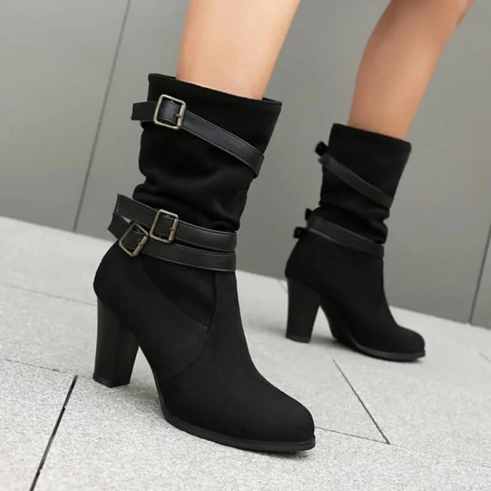 

Autumn and Winter new pattern fashion high-heeled Women Boots Solid color Round head Metal decoration Square heel Women's Boots
