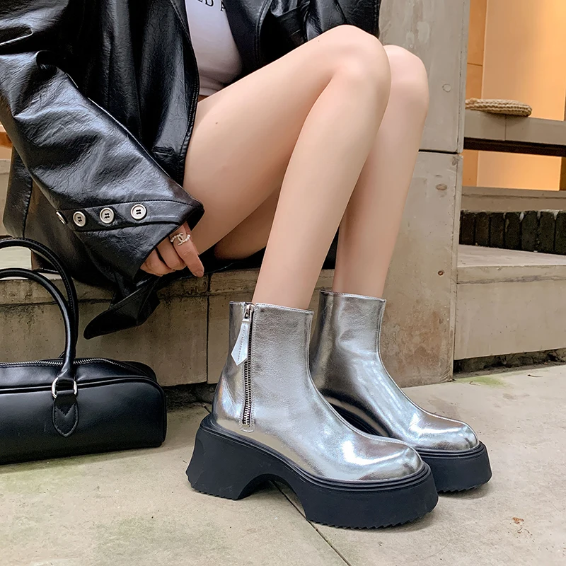 Silver Thick Sole Women\'s Ankle Boots Round Head Thick Heels Woman Chelsea Boots Winter New Patent Leather Versatile Short Boots