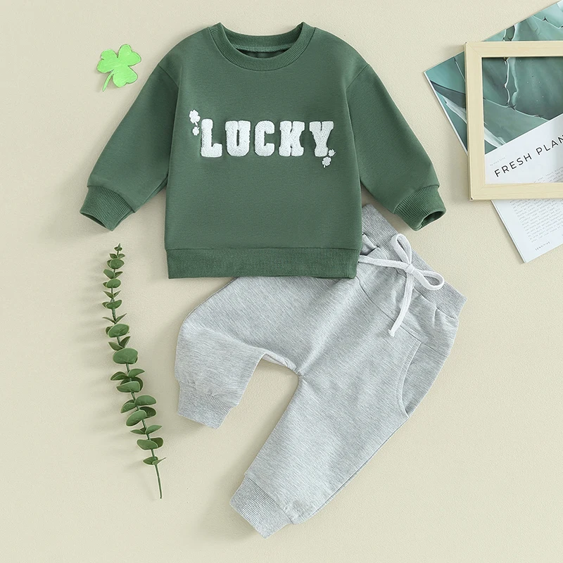 Toddler Boys Irish Day Outfit Sets Long Sleeve Letter Four Leaf Clover Embroidery Sweatshirt Tops Pants Patrick 's Day Outfit