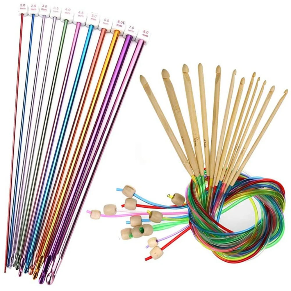 23 Pieces Tunisian Crochet Hooks Set 3-10 mm Cable Bamboo Knitting Needle with Bead Carbonized Bamboo Needle Hook