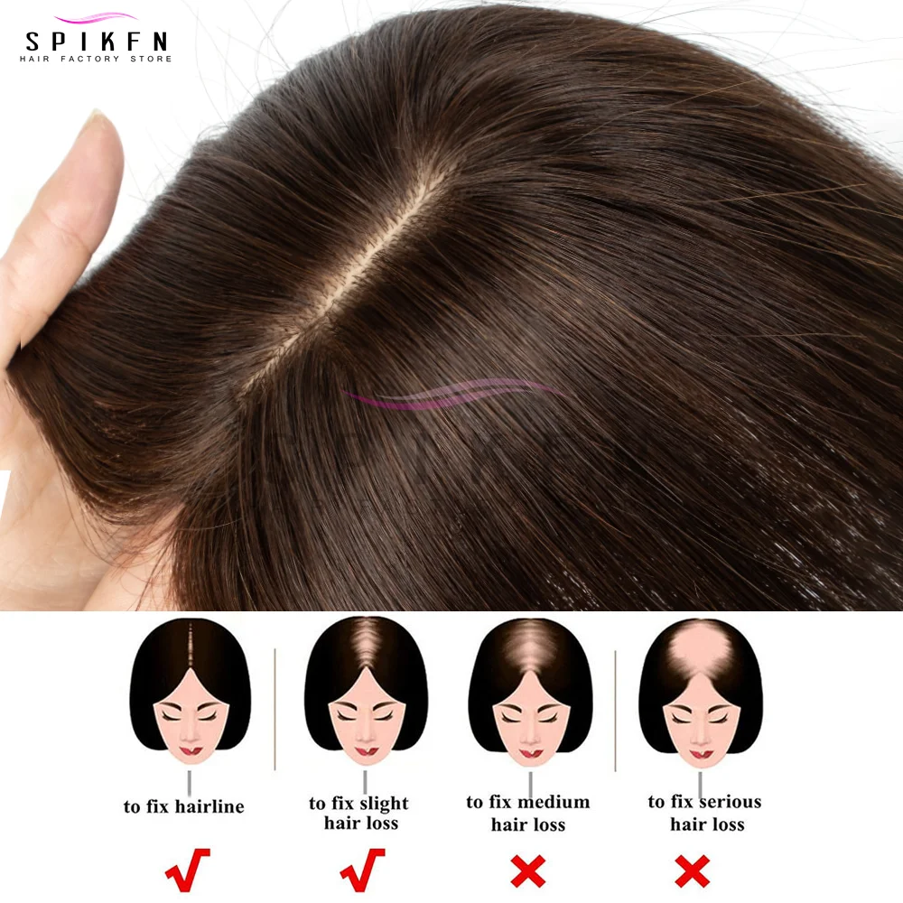 SPIKFN 8x12cm Breathable Hair Base Natural Straight Hair Pieces Real Human Hair Topper for Women Hair Loss or Bangs Hairstyle