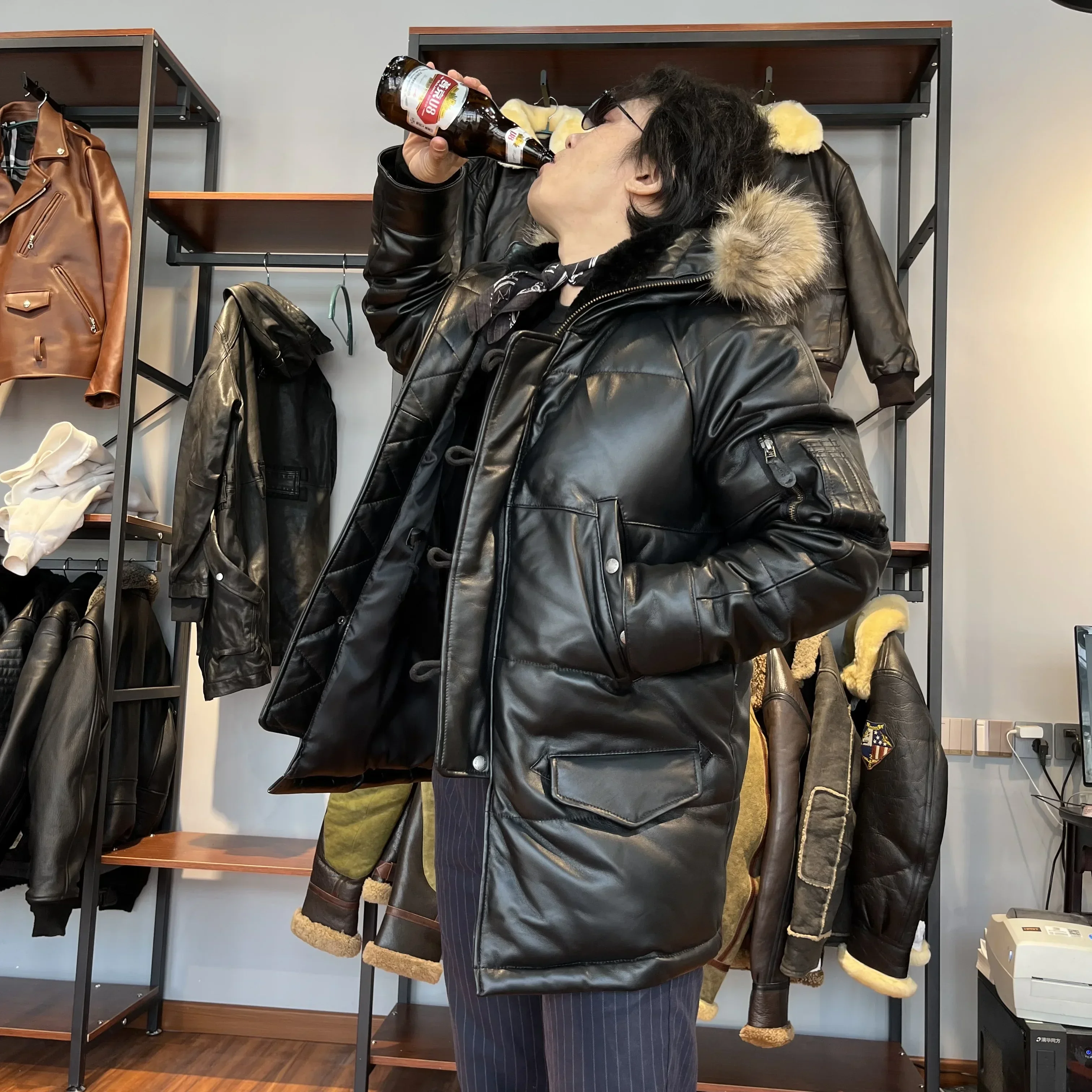 

Big Size Super Warm Mens Genuine Sheep Leather Real Fur Collar 90% Duck Feather Down Jacket Long Coat