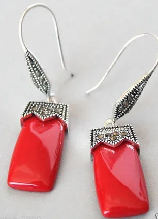 hot sell new - wb003 SILVER RED CORAL MARCASITE DANGLE EARRINGS