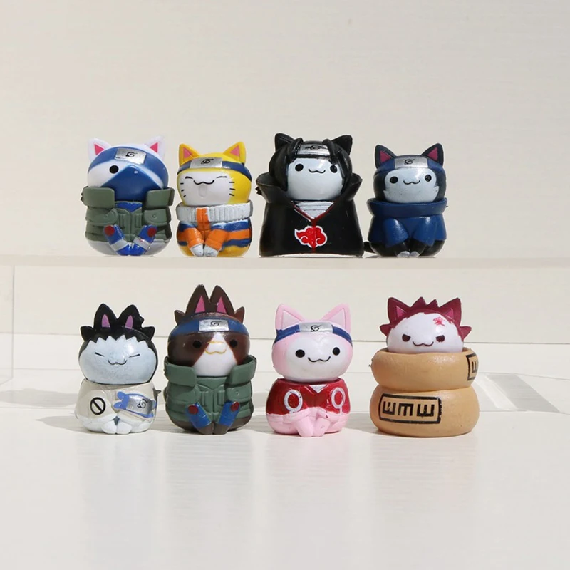 2025 Anime nuevo 8 Uds figuras de muñecas Naruto lindo pastel hecho a mano decoración Naruto gato modelo muñeca juguetes mano regalos de cumpleaños