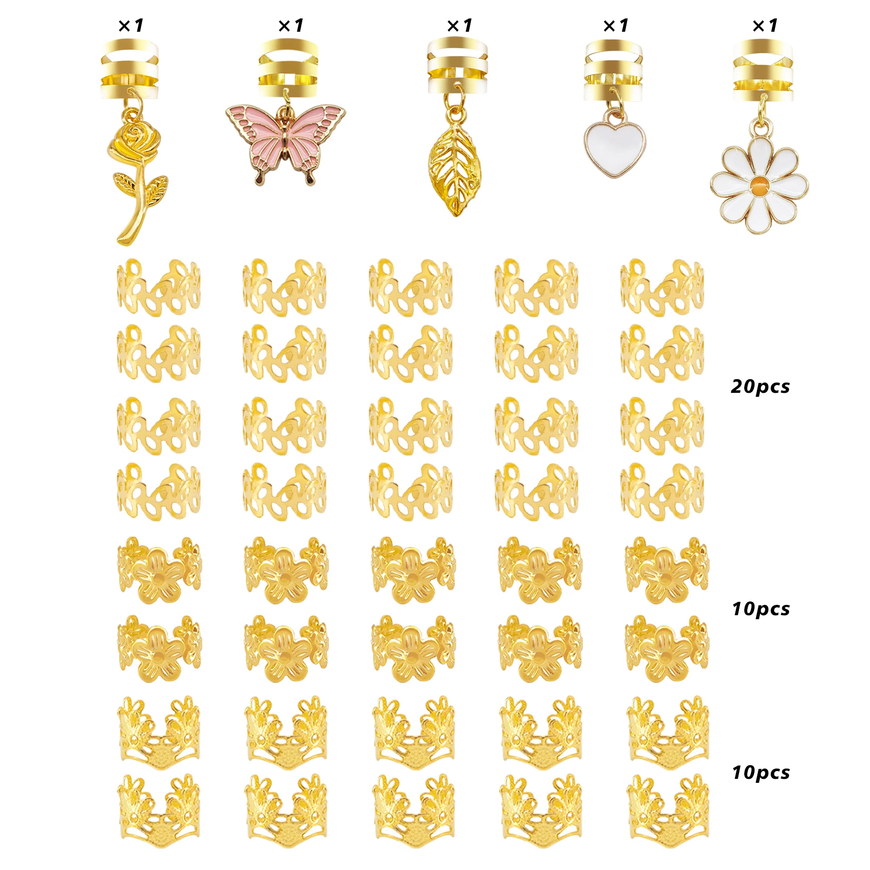 45pcs White Heart & Daisy Pink Butterfly Golden Leaf & Rose Hair Rings – Delicate Adjustable Cuffs, Sweet Bohemian Hair Jewelry - view 2