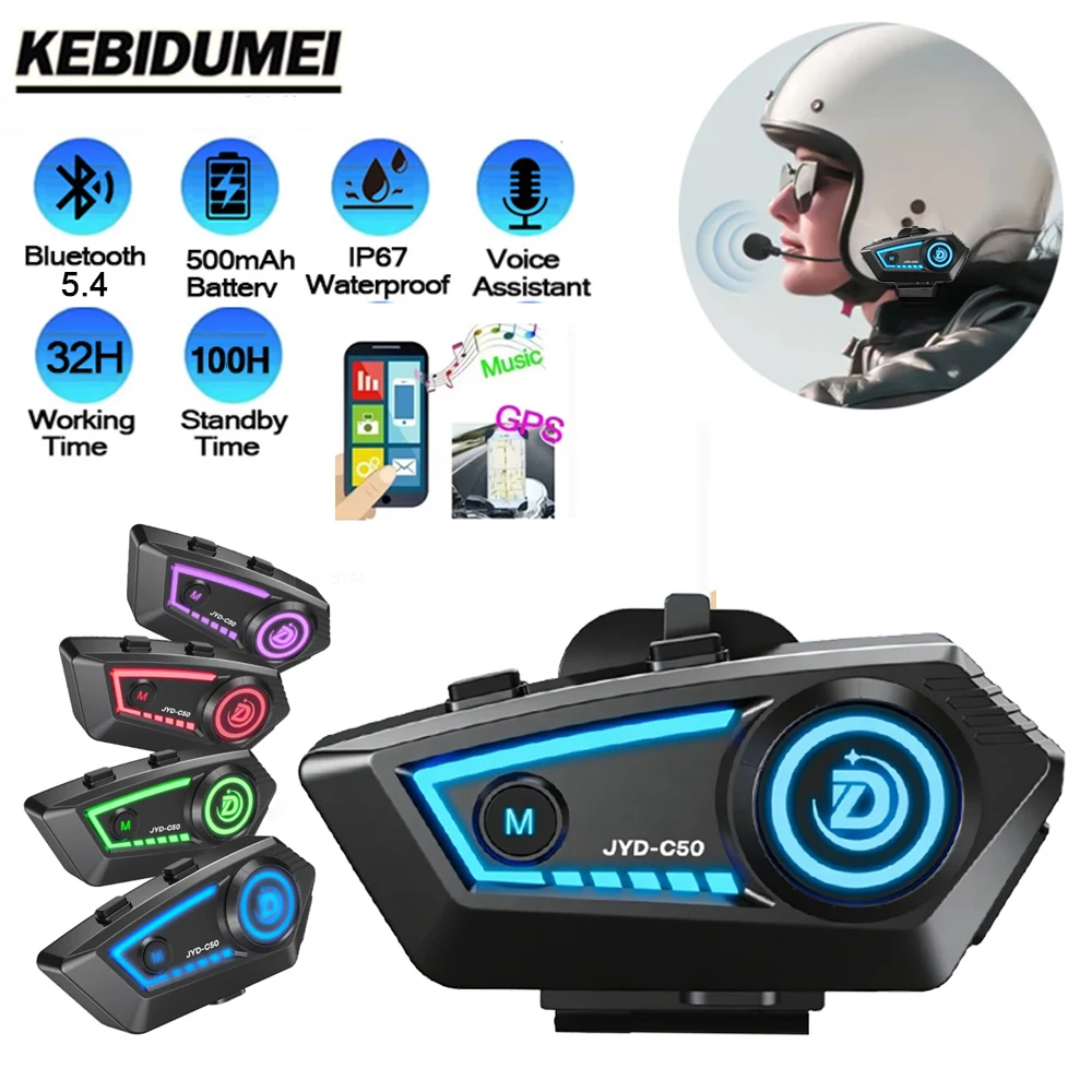 

JYD-C50 Motorcycle Helmet Bluetooth Headset Hands Free Call IPX67 Waterproof 500mAh Headset Speakers HiFi Stereo RGB Light
