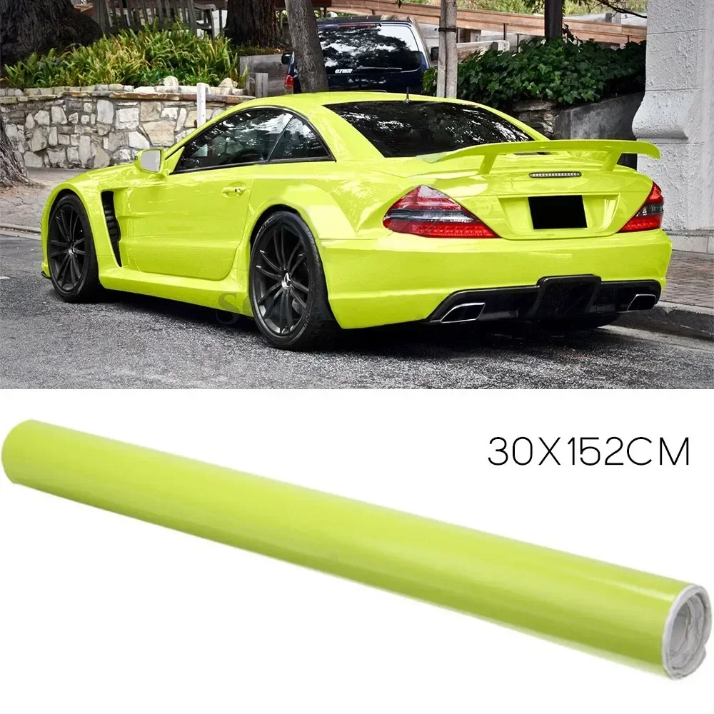 30x152cm Glossy Neon Yellow Car Vinyl Foil Film Wrap Roll Sticker Decal Neon Yellow Brand New Exterior Accessories Car Stickers