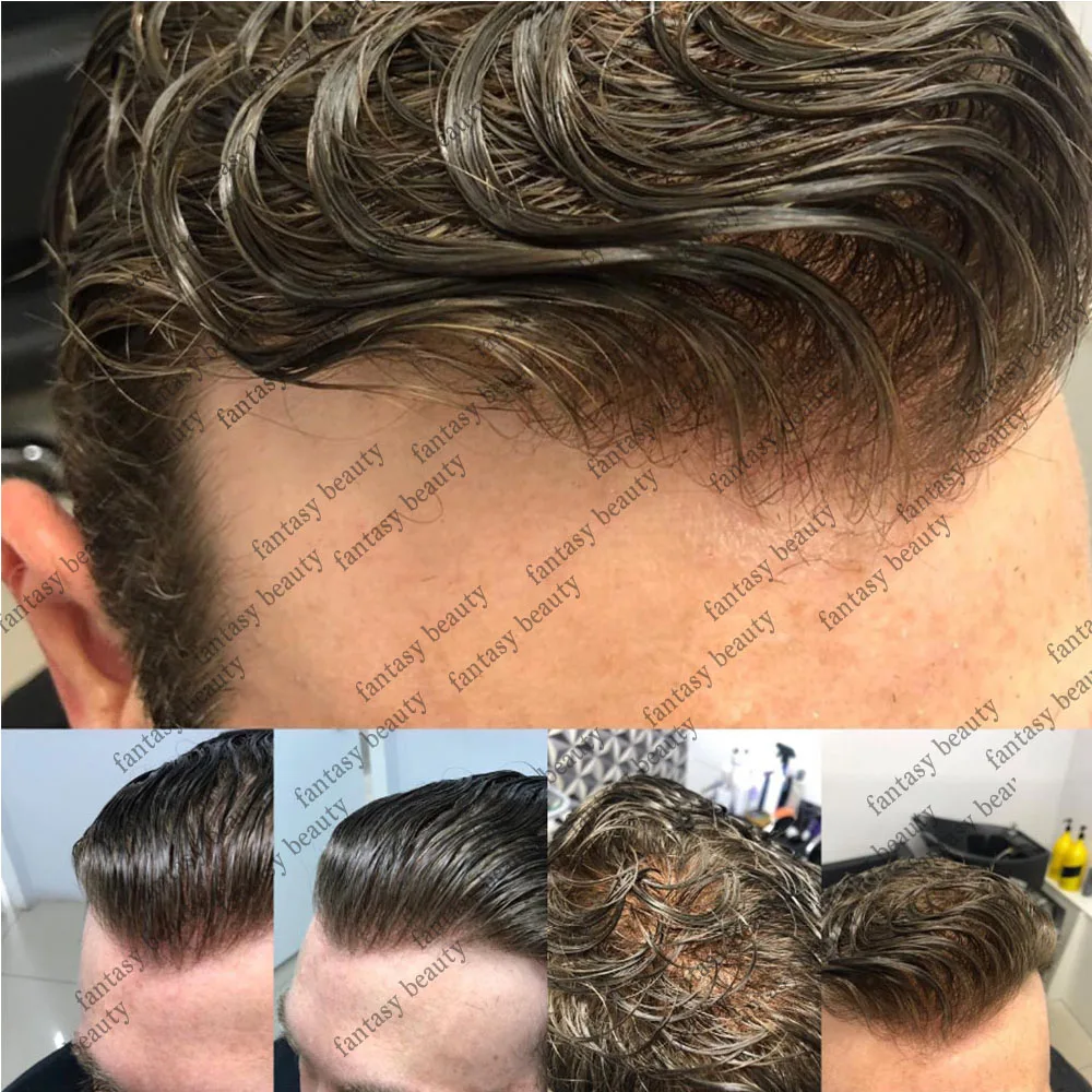 Garis rambut alami pria prostesis rambut palsu abu pirang kulit penuh Pu dasar tipis kulit pria wig pengganti gratis ongkos kirim