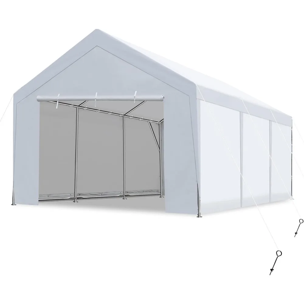 

12x20 Ft Carport with Reinforced Triangular Beams and Ground Bar, Removable Sidewall & Zipper Doors, Heavy Duty Portable Garage