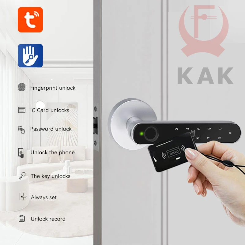 KAK Tuya Handle Fingerprint Key Card Digital Smart Door Lock Keypad Key Entry Electronic Lock 180 Days Super Long Standby Time image 6