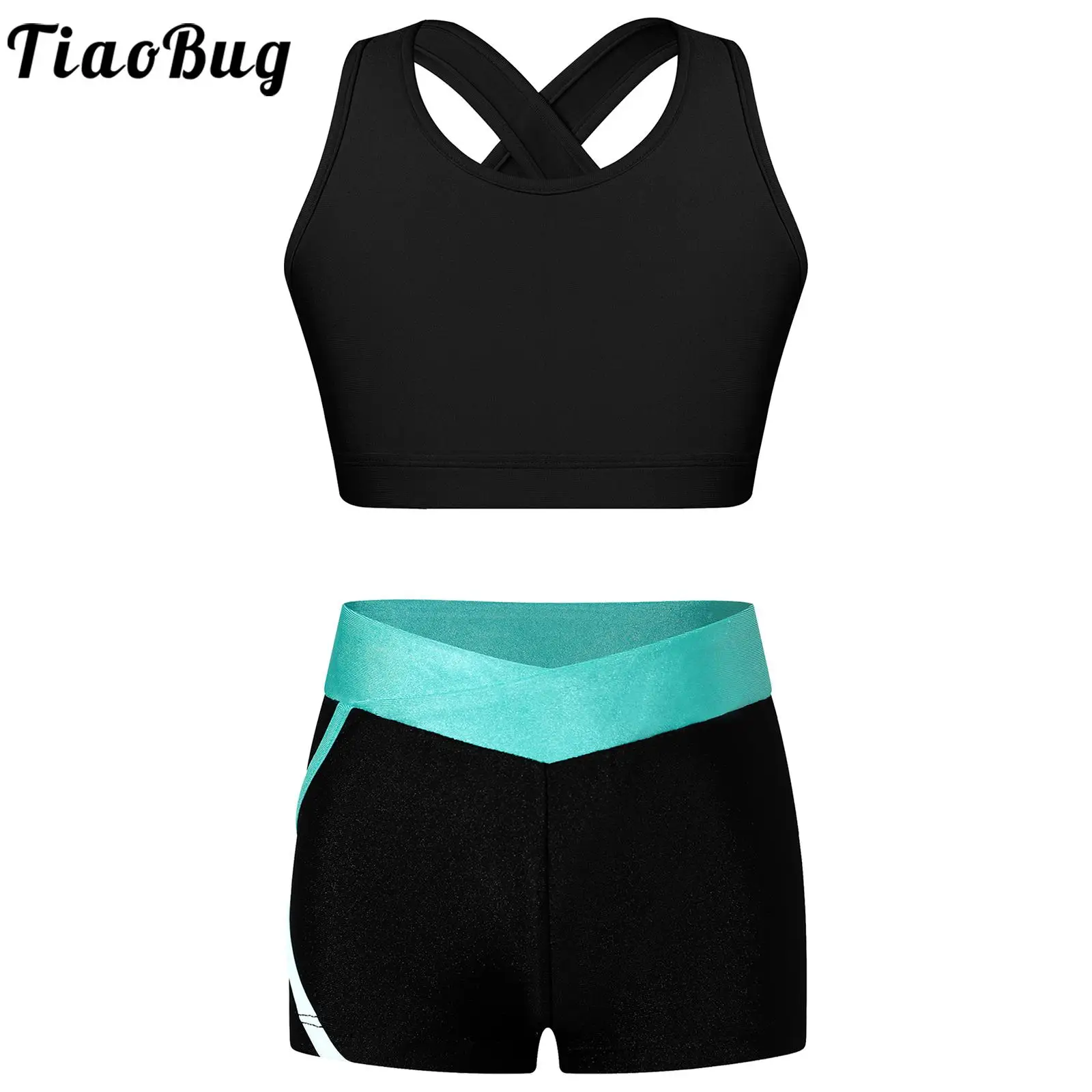 Kids Girls Sport Suits Sleeveless U Neck Shoulder Straps Cross at Rear Crop Top with Low Waist Shorts for Running Gym Workout