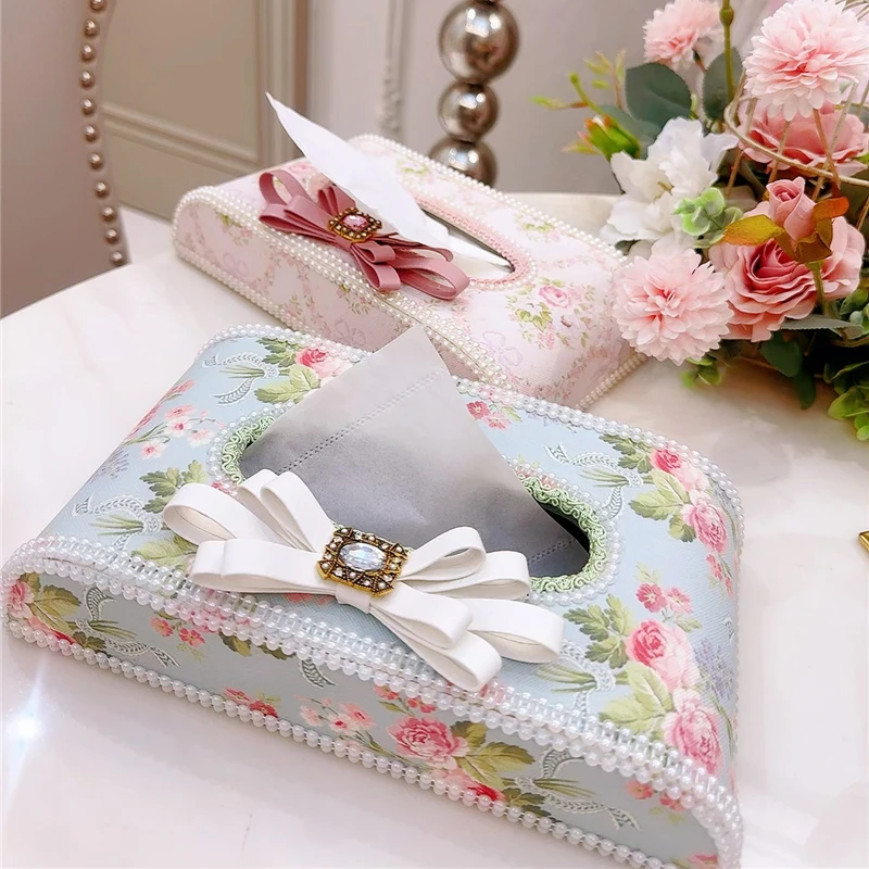 Leather Korean Tissue Case Elegant Car Paper Box Retro Rose Pink Blue Tissue Box Home Decor Livingroom Ornaments Napkins Holder