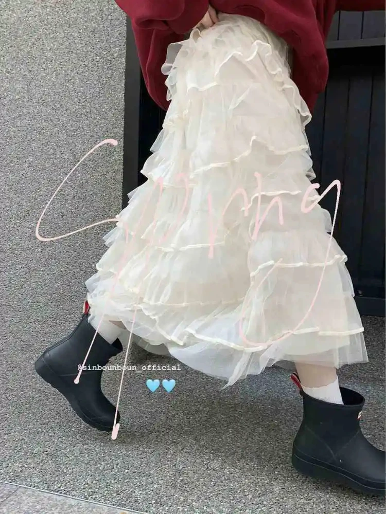 

Ballet Style Mesh Layered Cake Skirt Women French Fairy Elastic Waist Fluffy A-line Beach Long Skirts Fashion Faldas