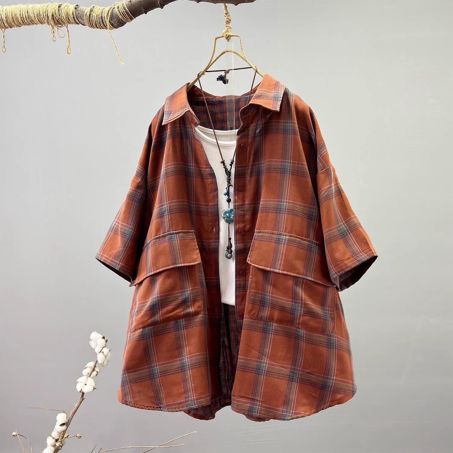

Bust 140cm plus size tops for women summer Japan vintage casual cotton plaid shirts and blouses loose check shirts
