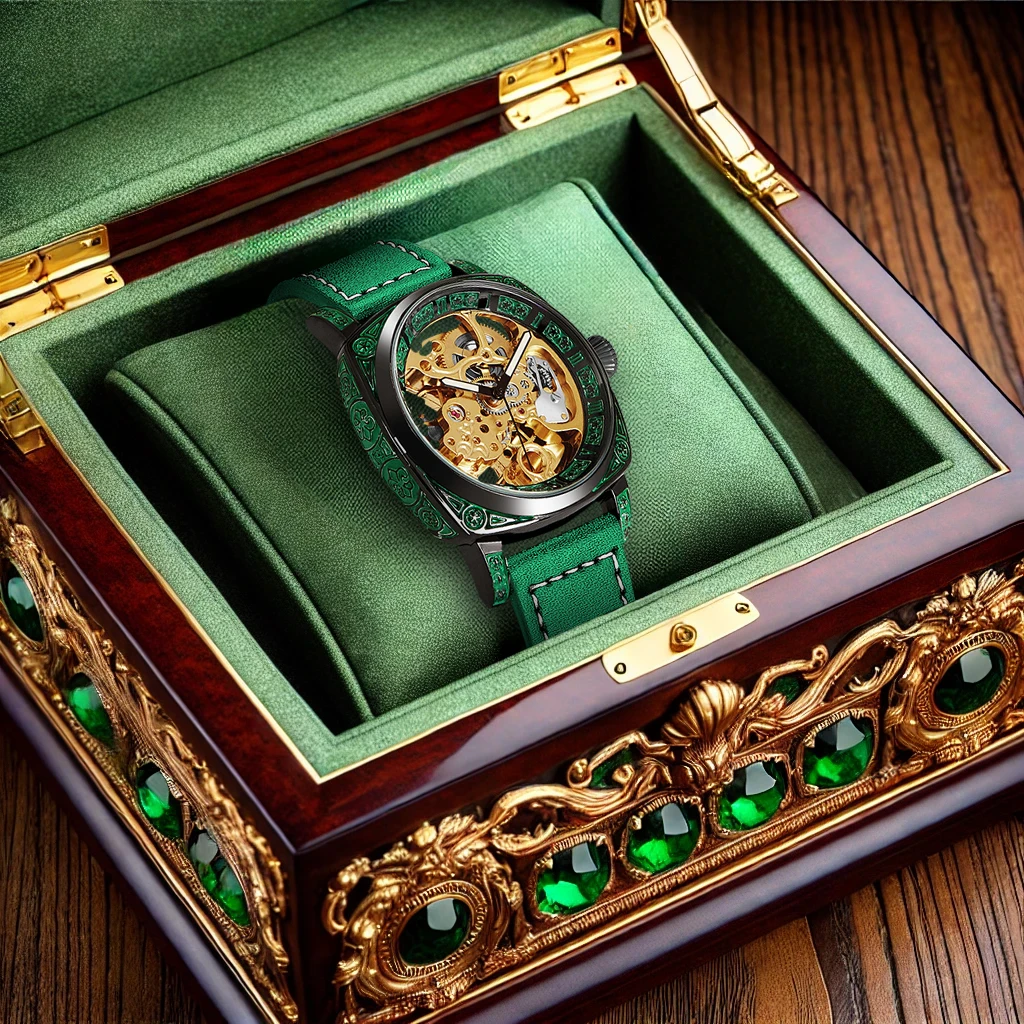 Watch worn on wrist showing green leather strap