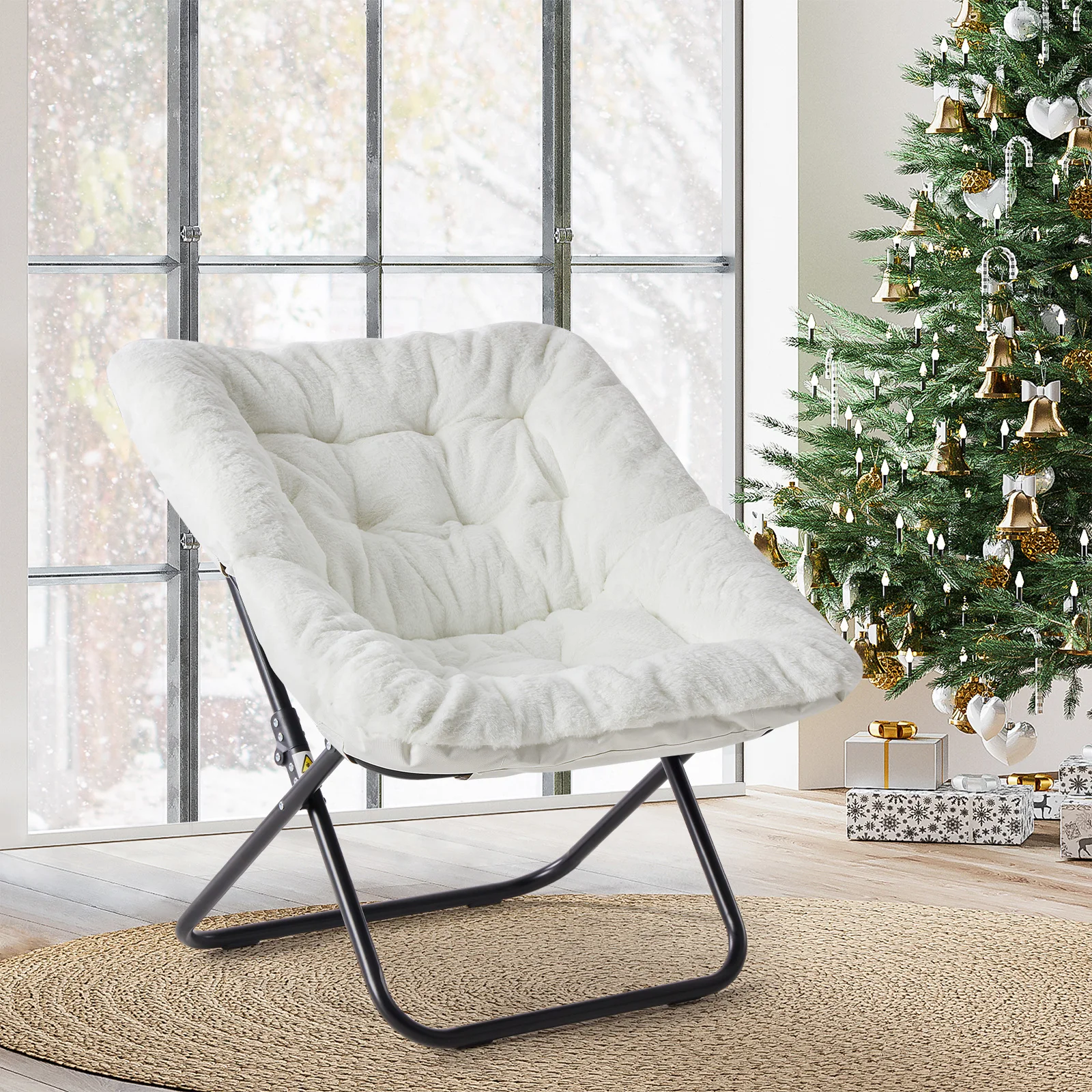 

28IN Cozy Saucer Chairs Soft Faux Fur Large Size Folding Lounge Living Room Padded Seat Metal Frame Reading Chair Furniture