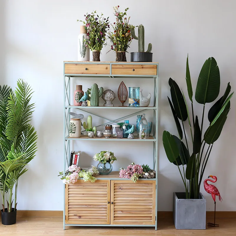 Wrought iron wooden flower stand display rack trophy medal display rack office certificate storage display cabinet storage shelf
