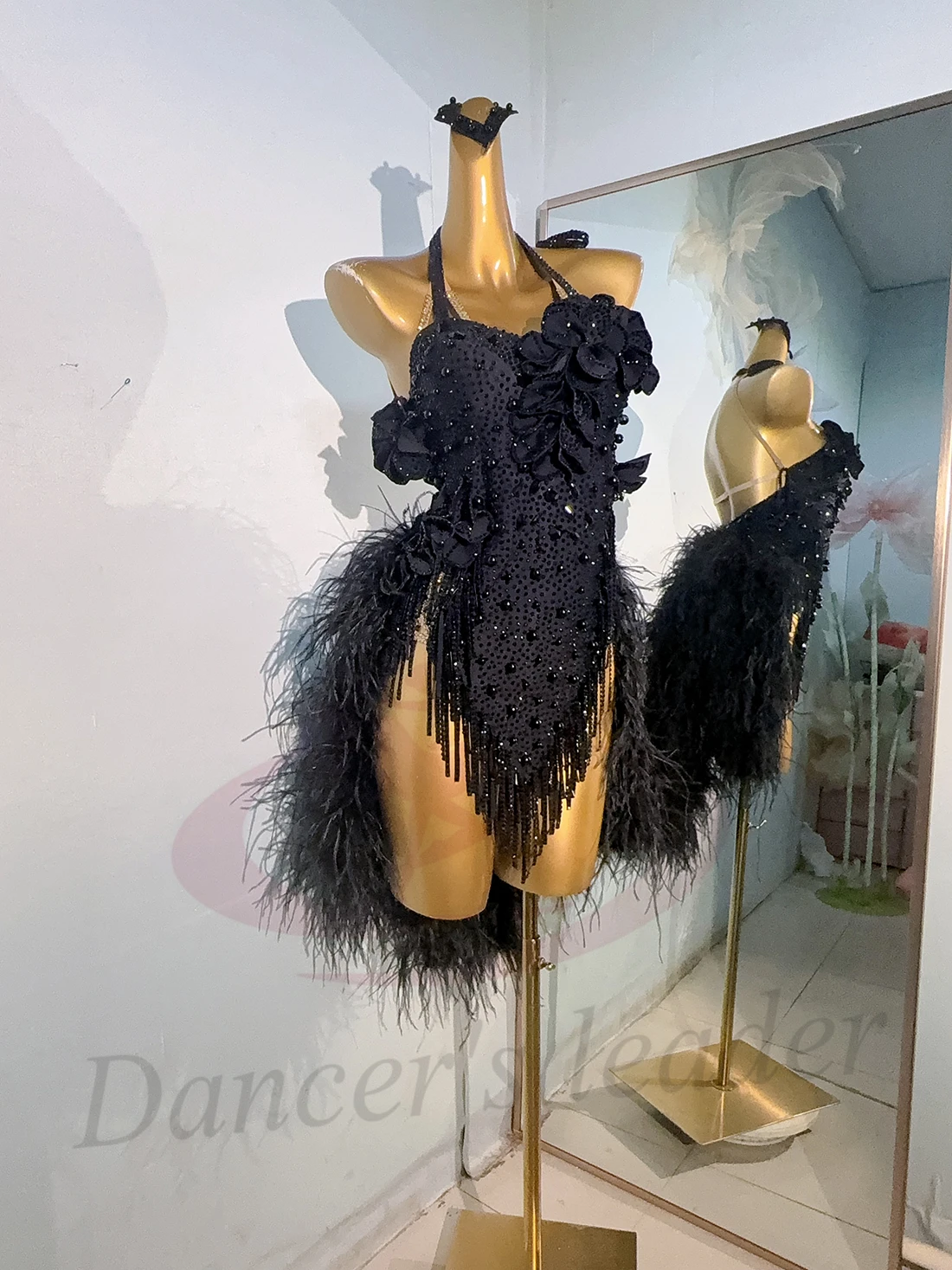 

Latin Dance Costume Rhinestone Female Adult Children High-end Customized Black Three-dimensional Flower Samba Performance Dress
