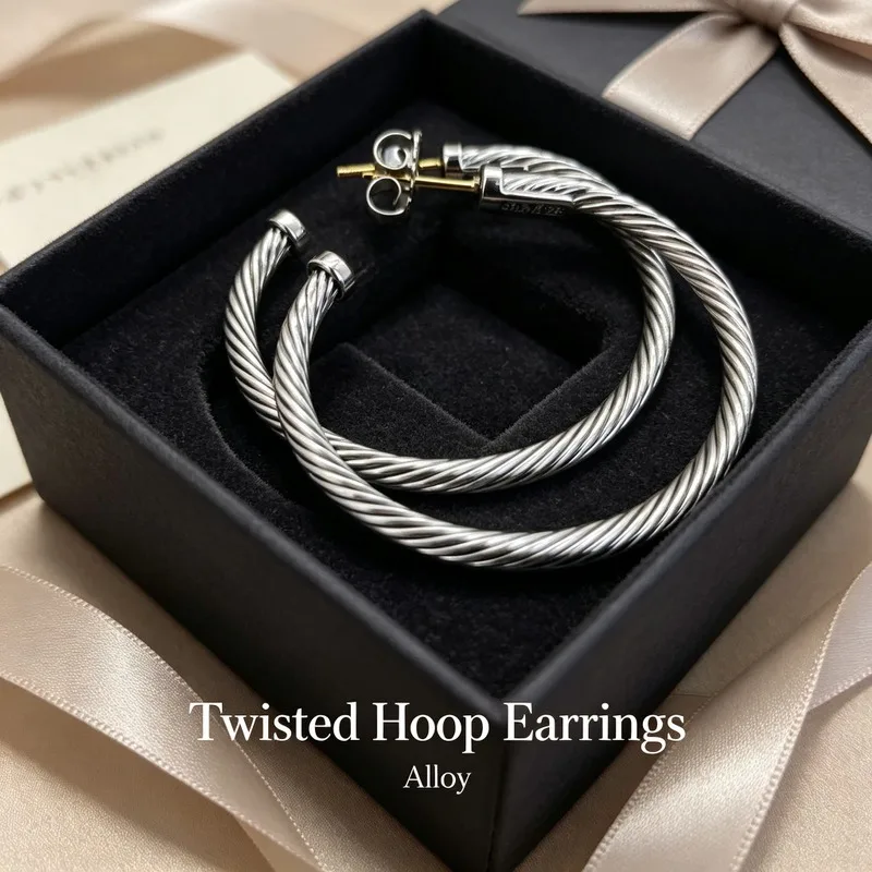Silver Tone Large Twisted Wire Hoop Earrings with Gold Post for Women Alloy Classic Jewelry Gift