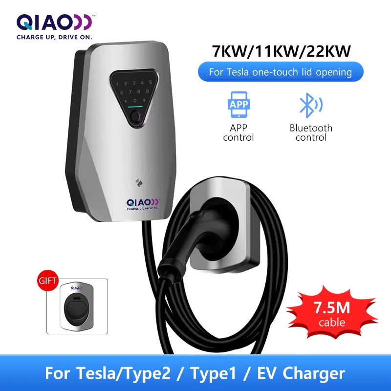 

QIAO Home EV Charger 7.3KW 11KW 22KW 7.5m Cable EV Fast Charge Station for Tesla Type 1 Type 2 Electric Vehicle Charging