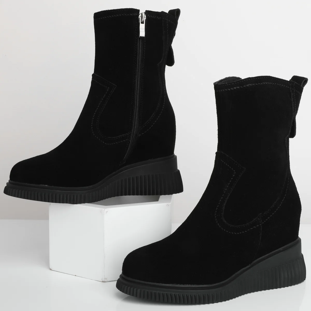 

Winter Platform Pumps Shoes Women Black Grey Brown Suede Leather Wedges High Heel Snow Boots Height Increasing Fashion Sneakers