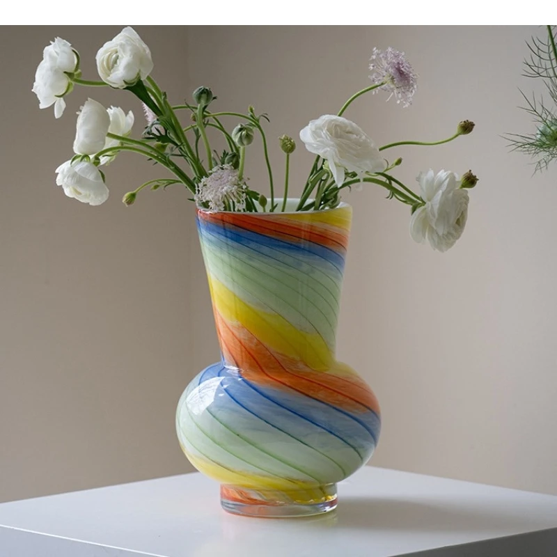 Stained Glass Vase Rainbow Stripes Large Diameter Flower Arrangement Accessories Hydroponics Terrarium Home Decoration