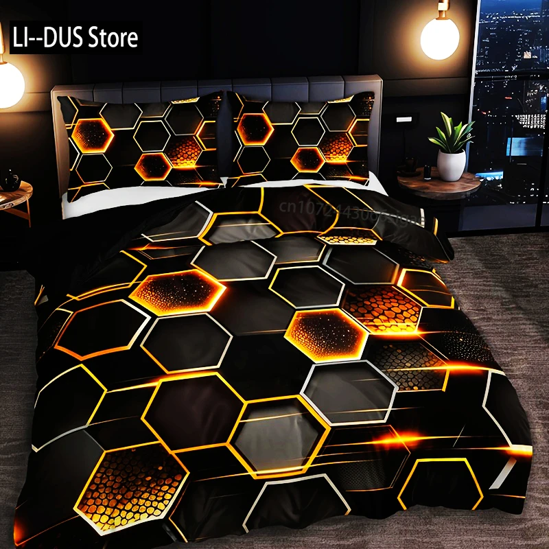 

3pcs Golden Diamond Geometric Bedding Set -1 Duvet Cover 2 Pillowcases Breathable Machine Washable - Perfect For All Seasons