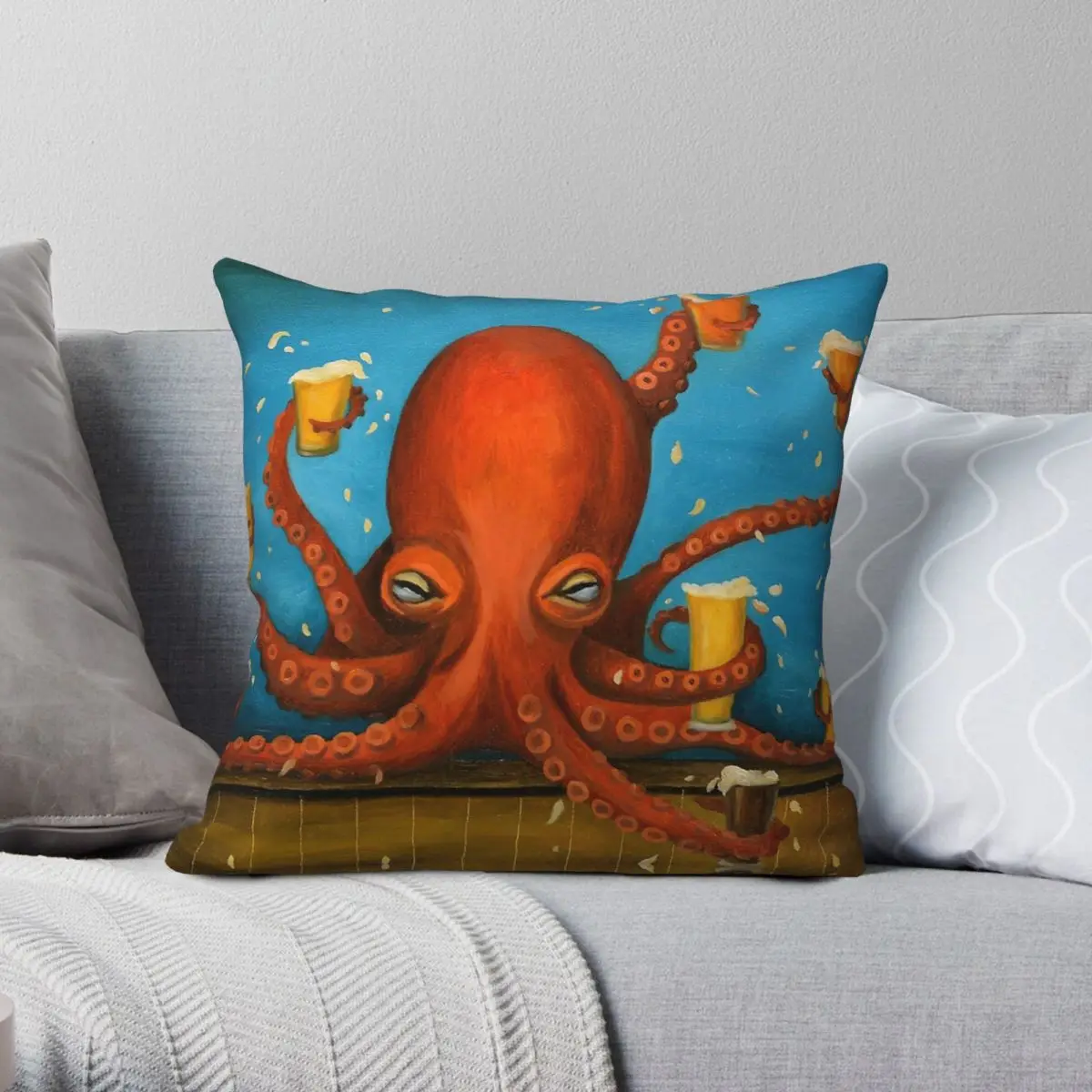 Octopus Bartender Serving 8 Beers Square Pillowcase Polyester Linen Velvet Printed Decor Pillow Case Sofa Seater Cushion Cover