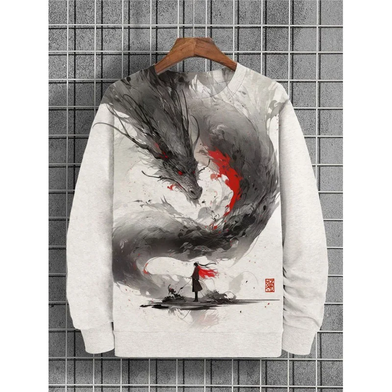 3D Printed Ink Painting Hoodie For Men Chinese Pattern Sweatshirts Autumn Long Sleeve Round Neck Street Loose Unisex Hoodies