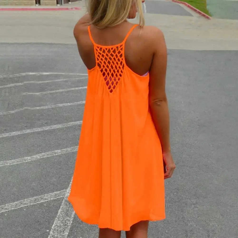 Women Spaghetti Strap Vacation Mini Dress Summer Beach Dress Hollow Out Fishnet Sleeveless Loose Solid Color Off Shoulder Dress