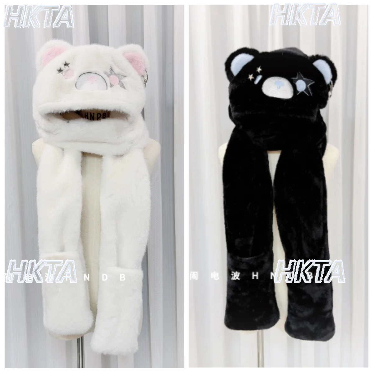 Punk Cute Cartoon Bear Hat Scarf Gloves Set Original Autumn Winter New Design Warm Thickened Furry Hat Scarf Gloves 3-piece Set