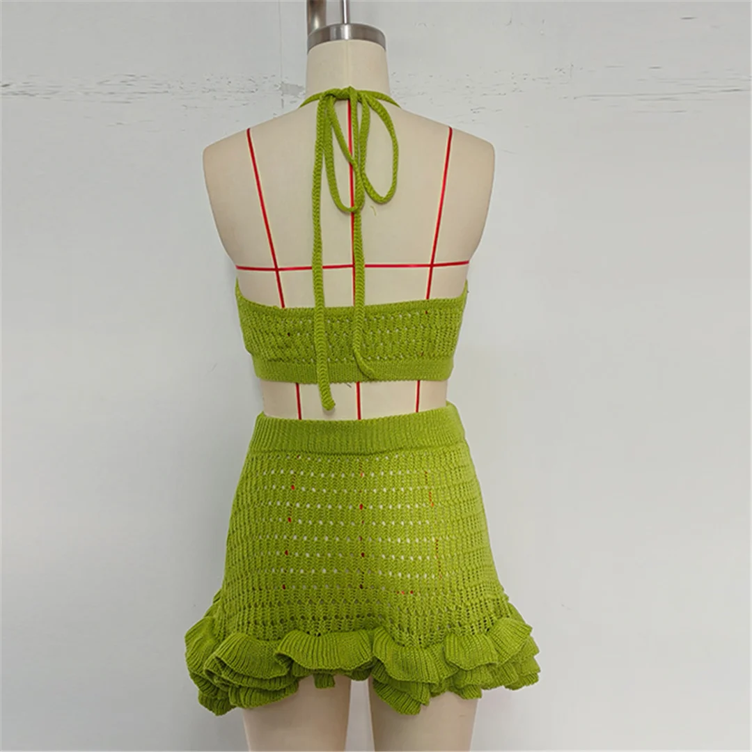 Neues, gerüschtes, halterloses, ausgeschnittenes, gehäkeltes, gestricktes 2-teiliges Set, Sommerkleid, Strandkleidung, Cover-up, zweiteiliges Set für Damen, V7169 – Detail 16