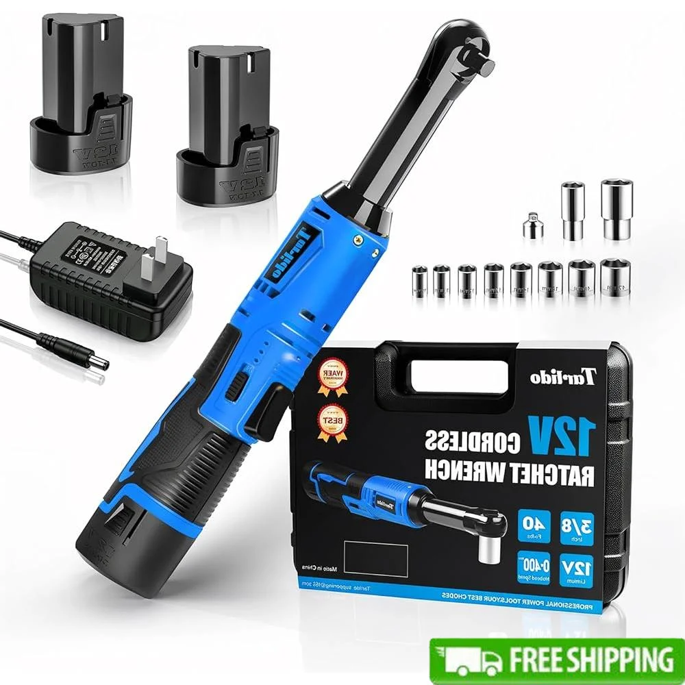 

12V Cordless Electric Ratchet Wrench 3/8" Extended 40 Ft-Lbs 400 RPM LED Light Battery Powered Tool Set with Sockets