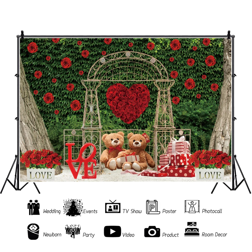 Laeacco-خلفية عيد الحب سعيد ، قلب الحب ، جدار العشب الأخضر ، الدب ، الورد ، الزفاف ، دش الزفاف ، تصوير الحفلات ، الخلفية