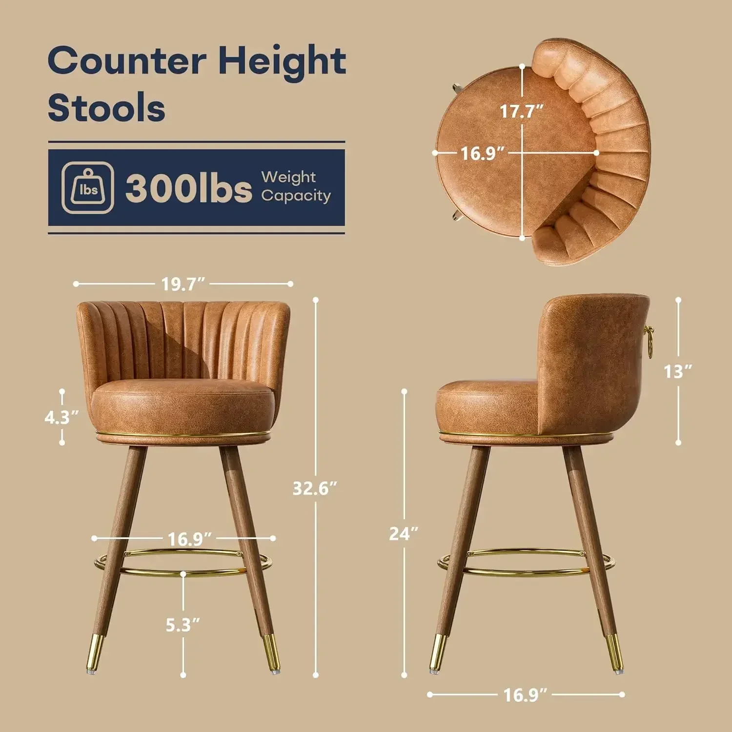 Counter Height Bar Stools Set of 4, Swivel Bar Stools with Back, 24" H Seat Height Upholstered Counter Stools with Wood Legs