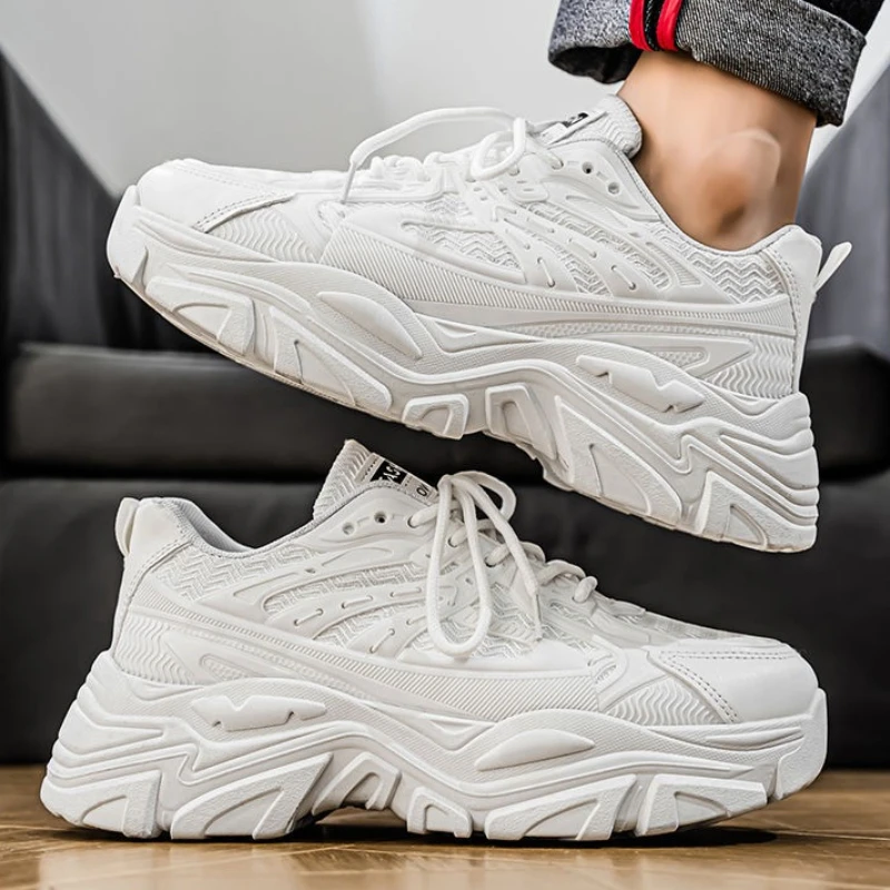 

Men's Thick Sole Dad Shoes 2025 Autumn Pure White Sports Shoes with Built in Heel Lift for Teens Running White