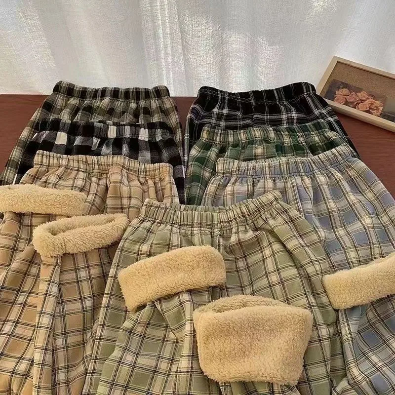 Autumn Winter Inner Fleece Warm Pants Women Elastic Waist Casual Loose Straight Plaid Trousers Female Versatile Student Pants