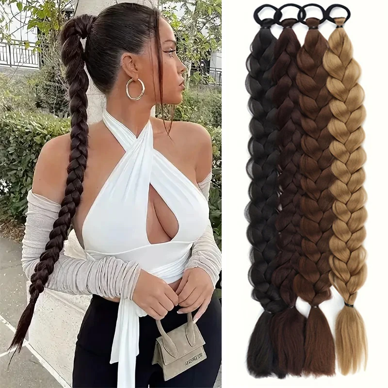 

28'' Long Braided Ponytail for Women Straight Wrap Around Braid Ponytail Extension Synthetic Braids Horse Tail with Rubber Band