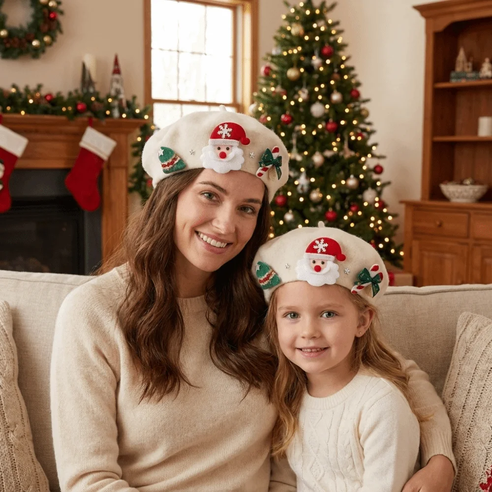 Sweet Solid Color Christmas Beret Star Korean Style Santa Claus Beret Warm Christmas Tree Xmas Painter Hat Winter