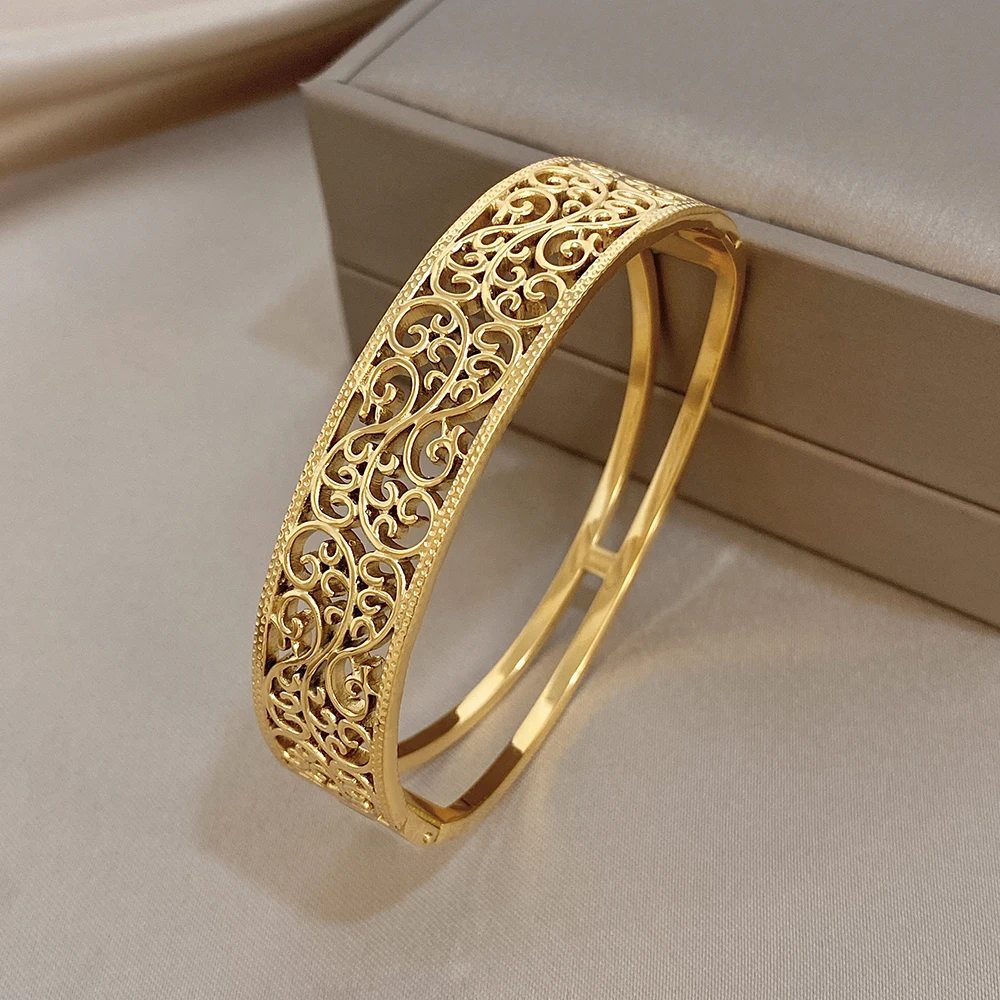 AENSOA Personality Carving Vielseitiger offener Armreif aus Edelstahl für Damen und Herren, Retro, ausgehöhlt, doppellagiges Snap-on-Armband