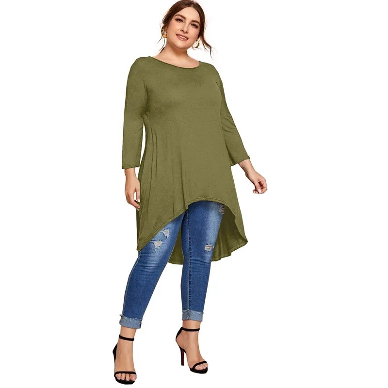 Plus Size Lange Mouw Elegante Tops Vrouwen Lange Hi Low Fit Flare Lente Herfst Swing Blouse Tuniek T Shirt Grote Maat Kleding 5xl