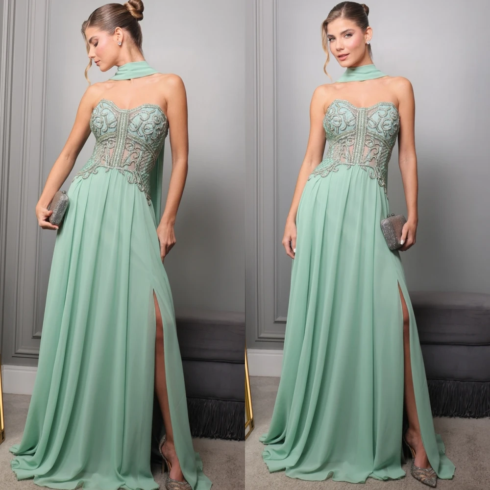 Gaun Malam Sifon Indah Kustom Gaun Prom Applique Anggun Gaun Acara Khusus Tanpa Lengan Tanpa Tali Mode