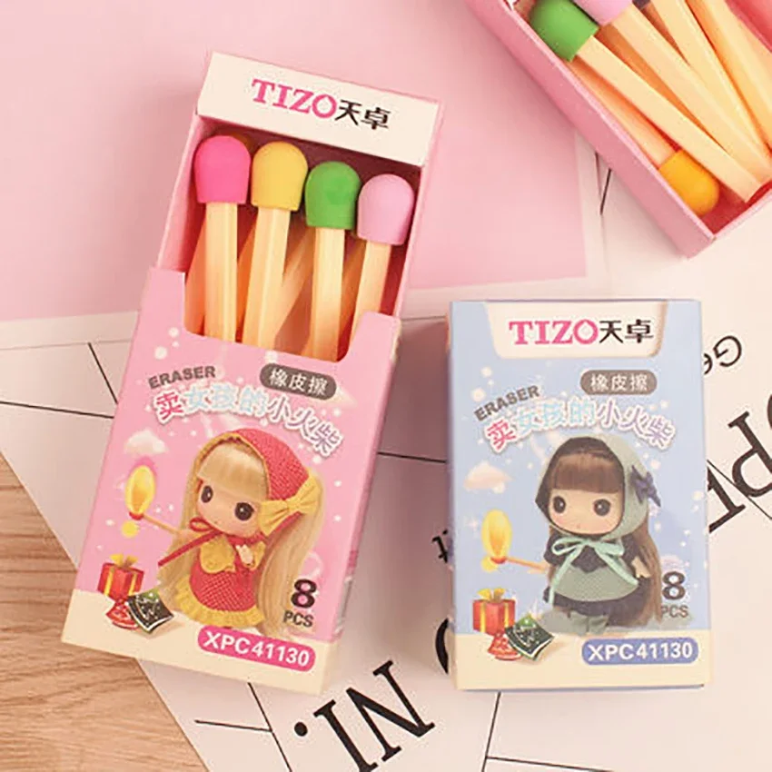 8pcs/set Matches Shapes Eraser Students Prize Gifts Cute Stick Bar Pencil Eraser Toys School Office Supplies Children's Toy Gift