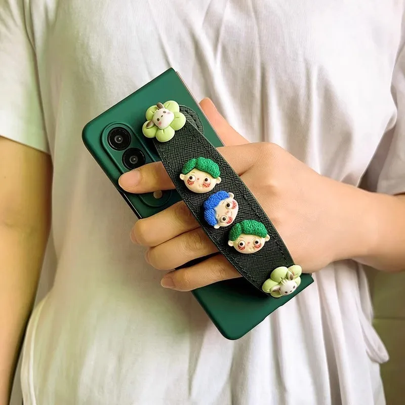Cute Cartoon Flower WristBand Holder Green Matte Case Cover With Crossbody Long Strap For Samsung Galaxy Z Fold 7 6 5 4 3 2 5G