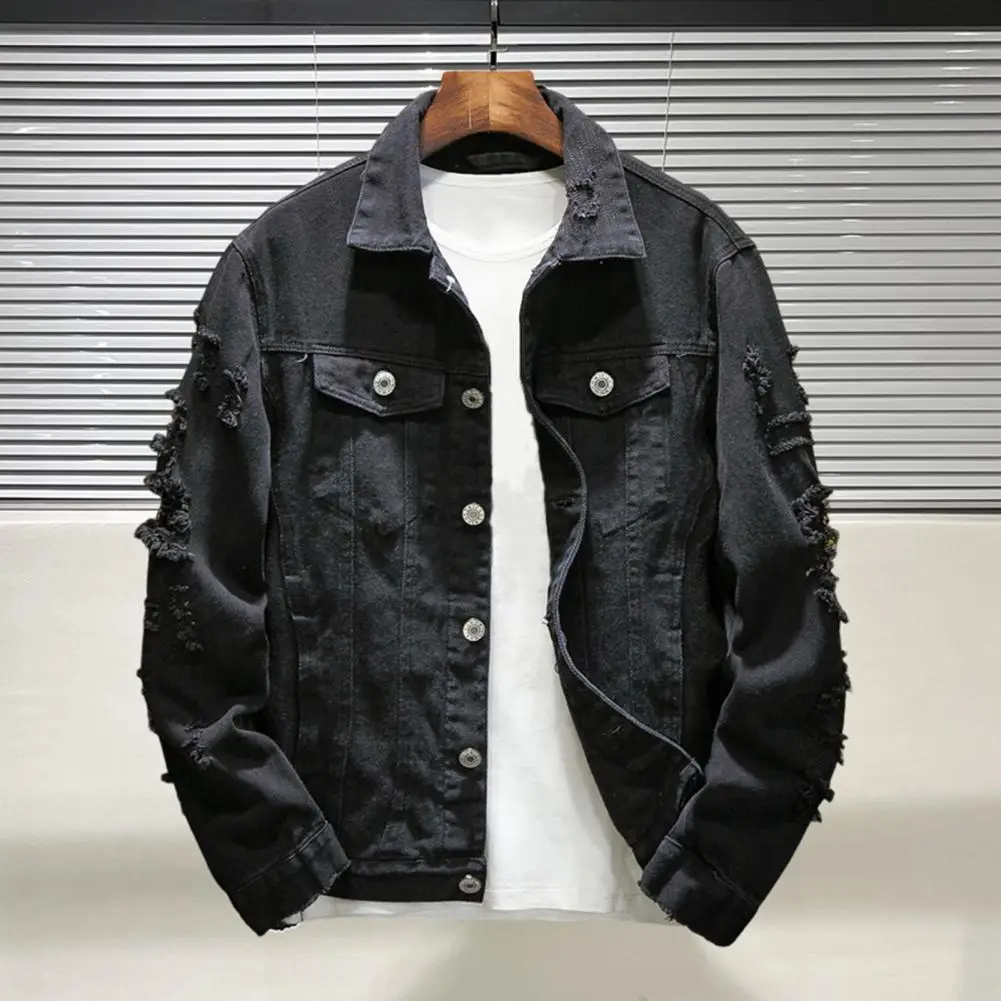 Denim Jacket  Turndown Collar   Men Jacket Loose Pockets Denim Jacket