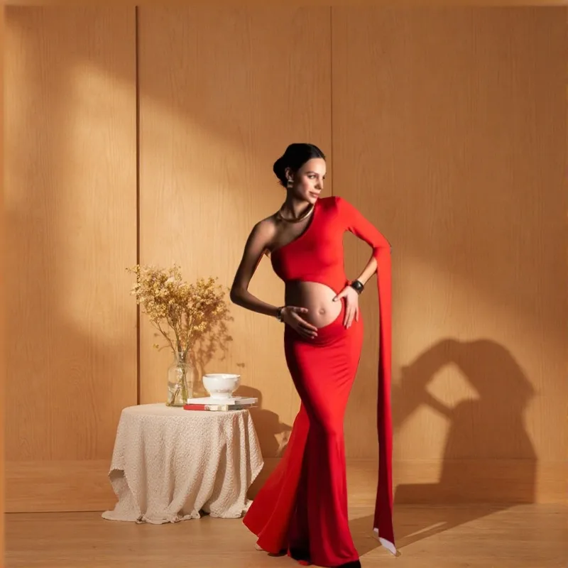 

Red One Shoulder Maternity Dress - Sexy Hollow Out Photoshoot Gown for Baby Shower & Bold Pregnancy Photos,платье Для Беременных