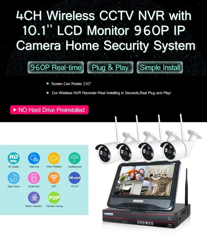 Draadloze IP-camera WIFI Beveiliging CCTV-systeem 4CH Draadloze NVR-bewakingskit Waterdicht / weerbestendig CMOS
