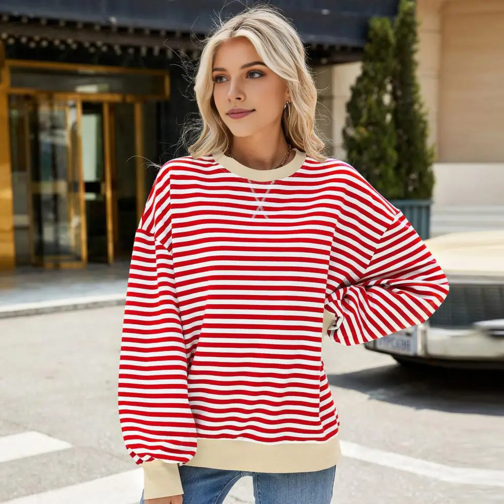 Women Cozy Top Striped Print Women's Sweatshirt with Contrasting Colors Elastic Cuffs Casual Fall Winter Top for Daily Wear