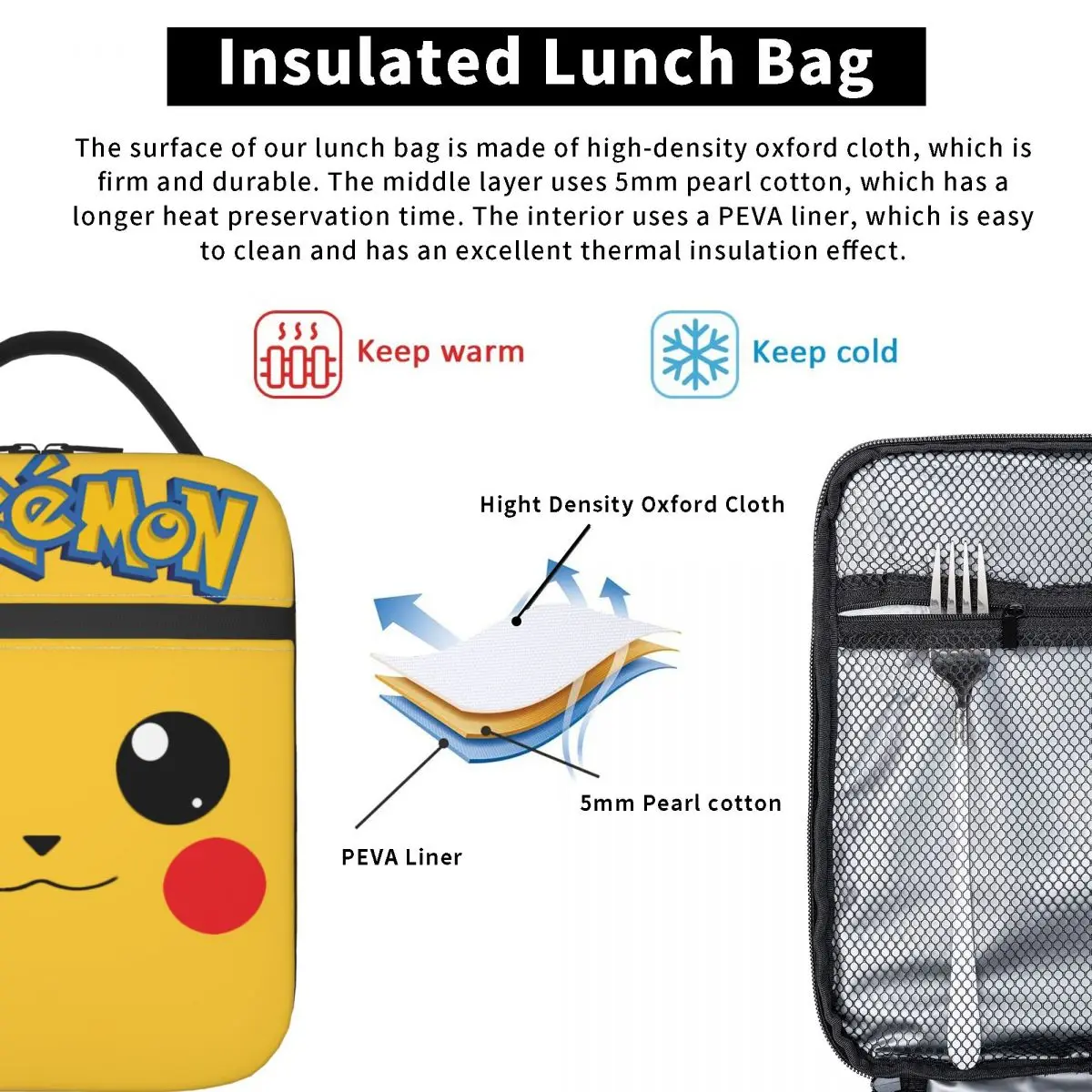 Pokedom Travel Storage Bags Pocket Monster Pikachu For Students School&Office Thickened Handheld For School Lunch Box Bag